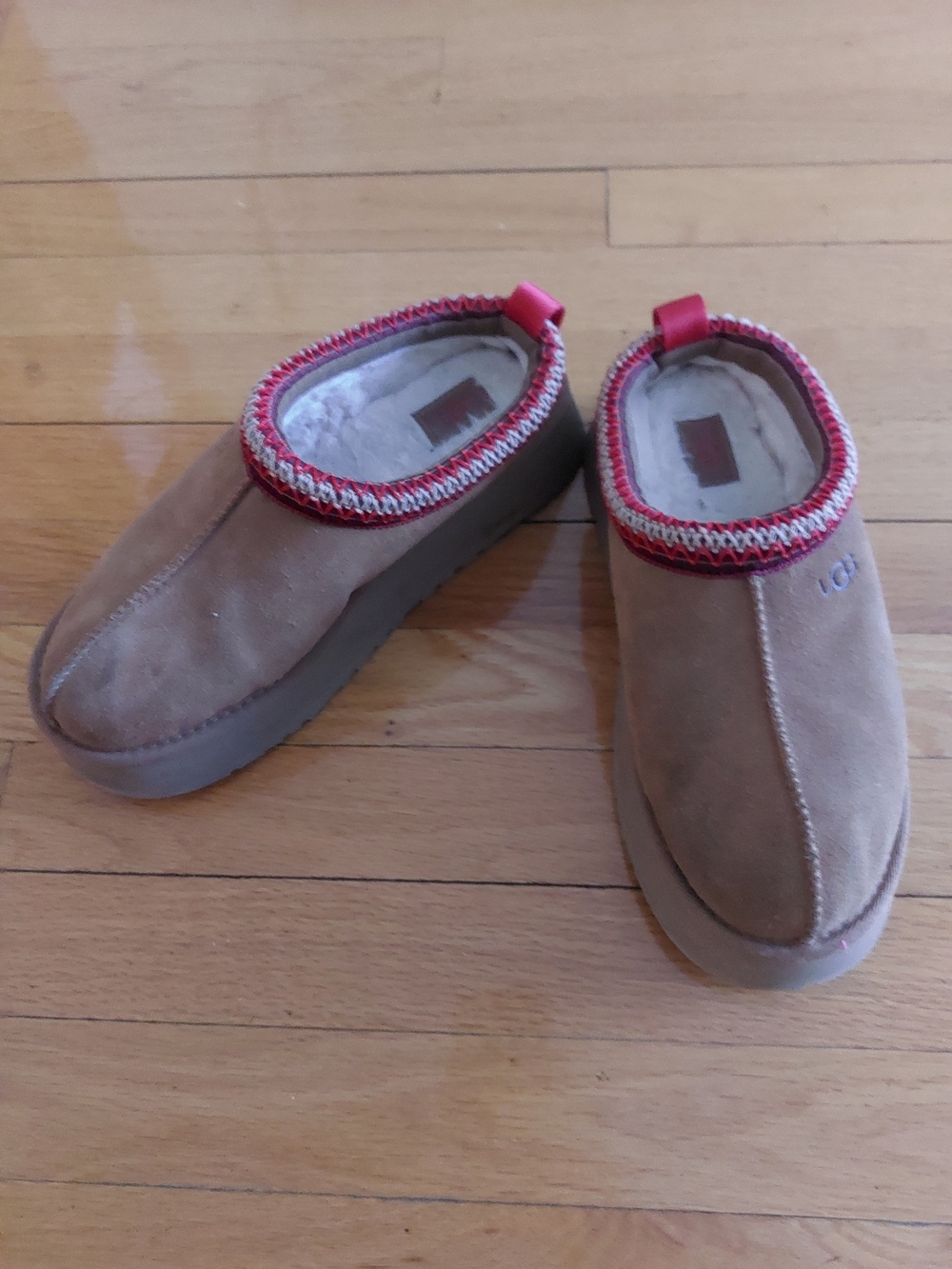 UGG Women's Brown Suede Slip-On Mule with Red Trim